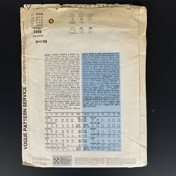 Vogue 2456 Ralph Lauren Jacket Shorts Skirt 8 10 12 Sewing Pattern 1990 UNCUT - Picture 2 of 3